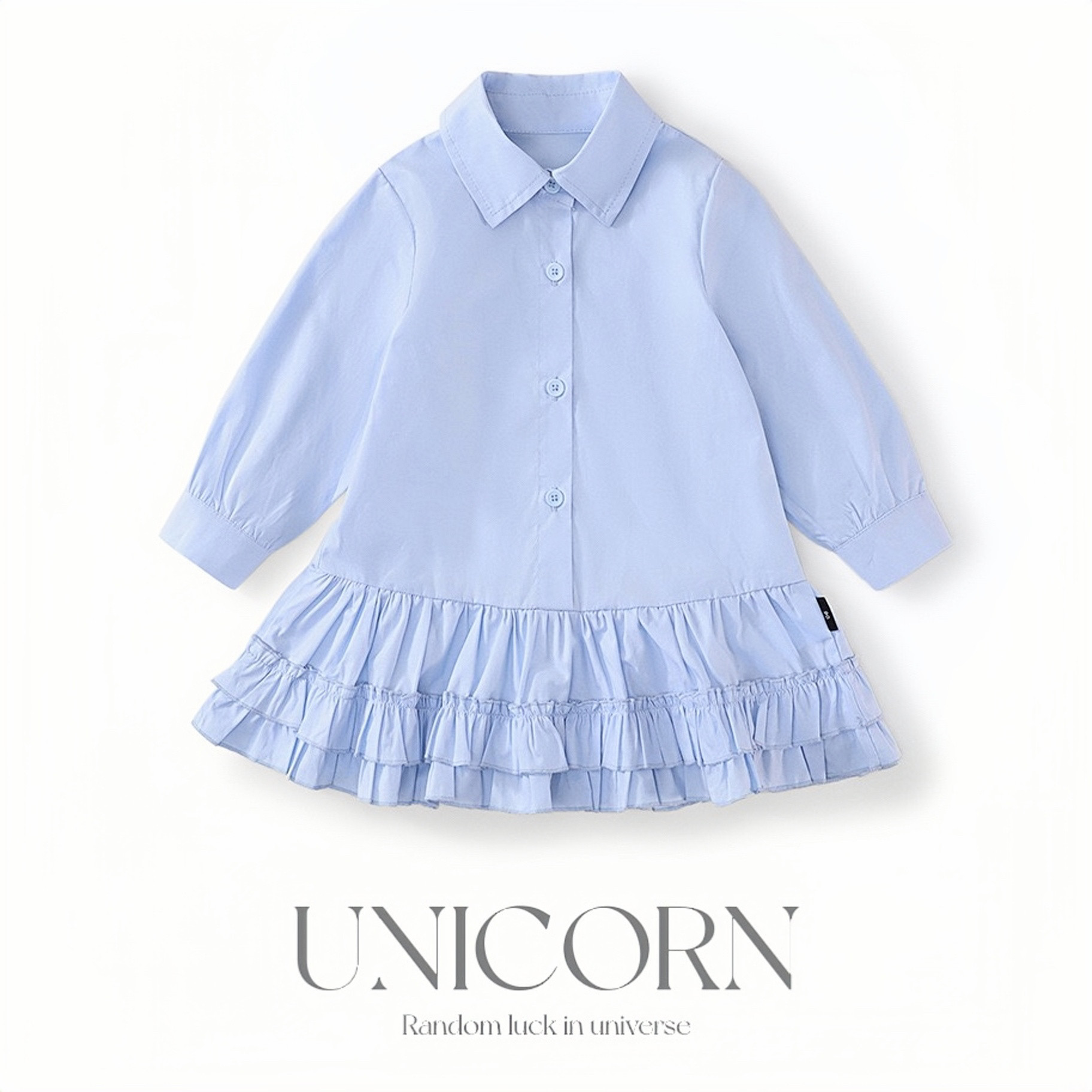 UNICORN女童纯棉蓝色学院百褶花边连衣裙春秋新款休闲衬衫蛋糕裙