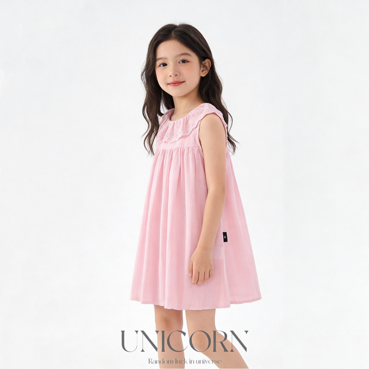 UNICORN女童26夏新款韩版花边领无袖甜美背心裙女宝纯色童装裙子