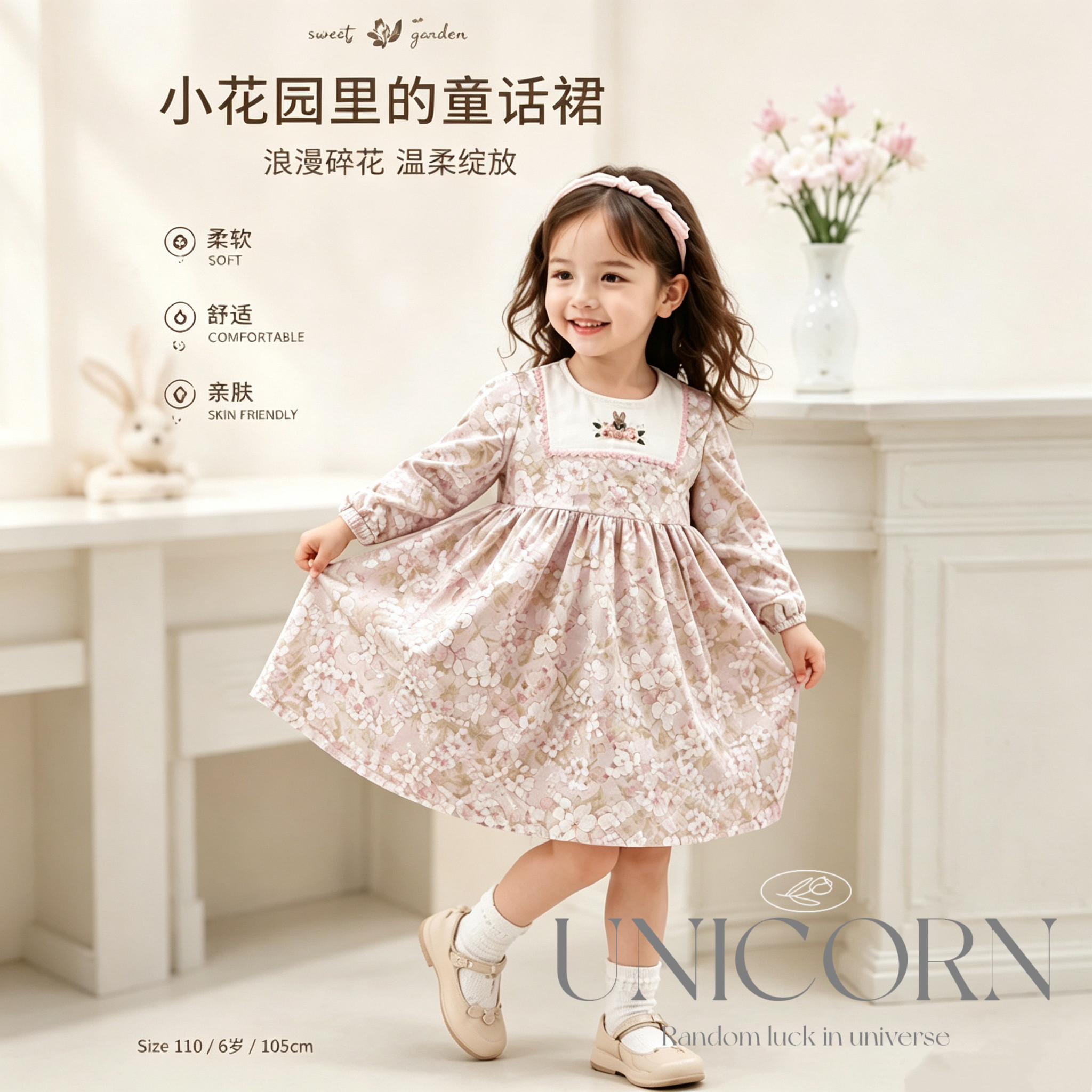 UNICORN女童森系连衣裙新款女宝碎花娃娃领长袖公主裙春秋款裙子