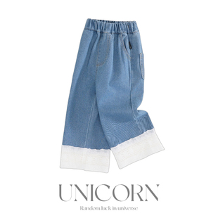 UNICORN女童25春新款可爱白色蕾丝花边拼接软牛仔直筒韩版牛仔裤