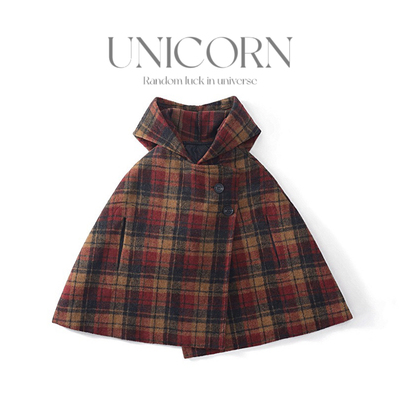 UNICORN女童尖尖帽格子斗篷毛呢外套2024新款秋冬装夹棉复古披肩