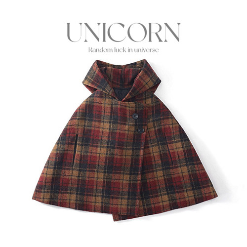 UNICORN女童尖尖帽格子斗篷毛呢外套2026新款秋冬装夹棉复古披肩