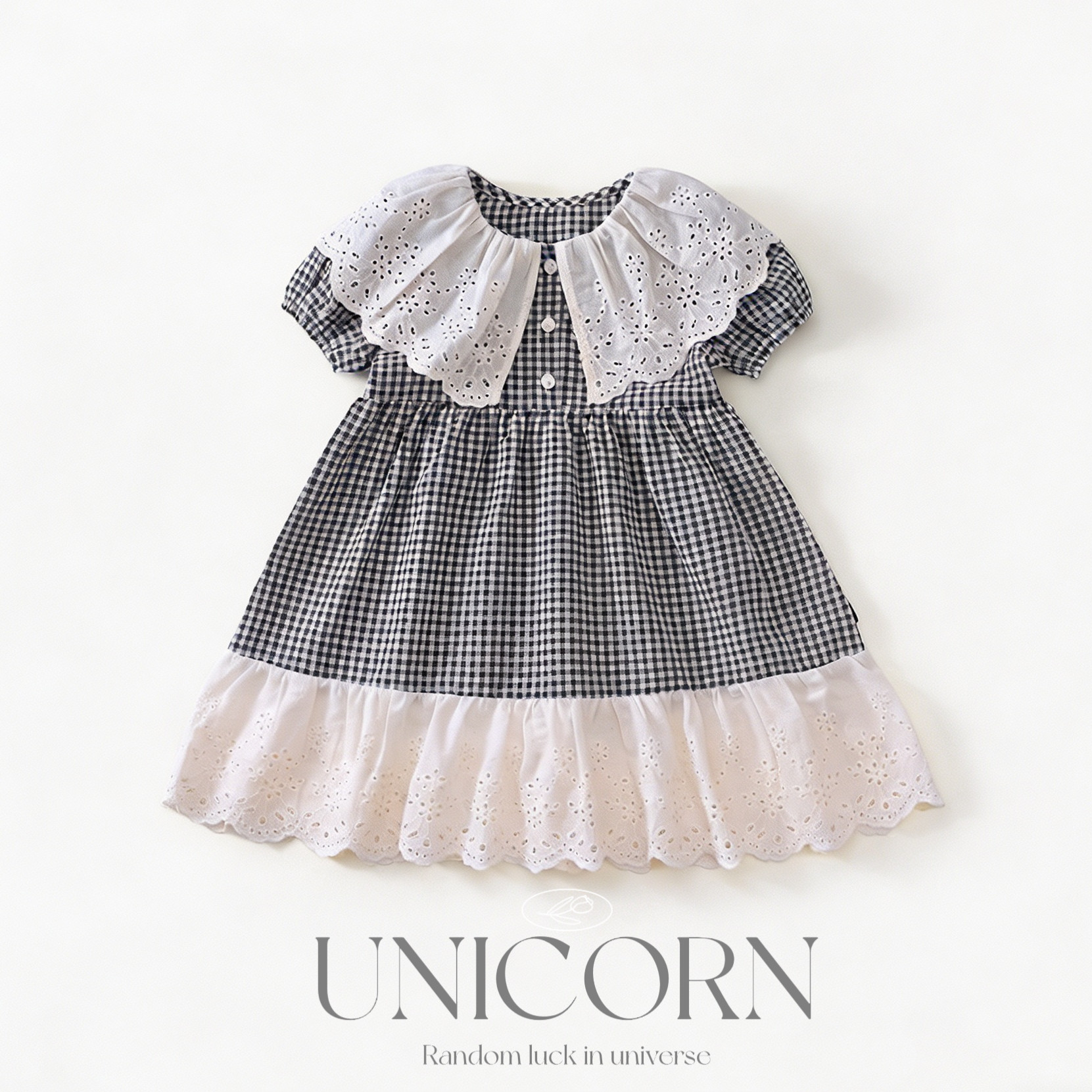 UNICORN女童26夏季新款法式格子蕾丝拼接连衣裙女宝复古短袖裙子