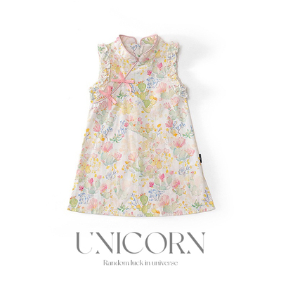 UNICORN女童25年夏季新款新中式旗袍裙蝴蝶结立领可爱国风连衣裙