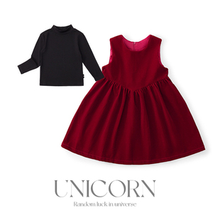 UNICORN女童丝绒背心连衣裙秋冬新款儿童红色礼服裙高级无袖裙子