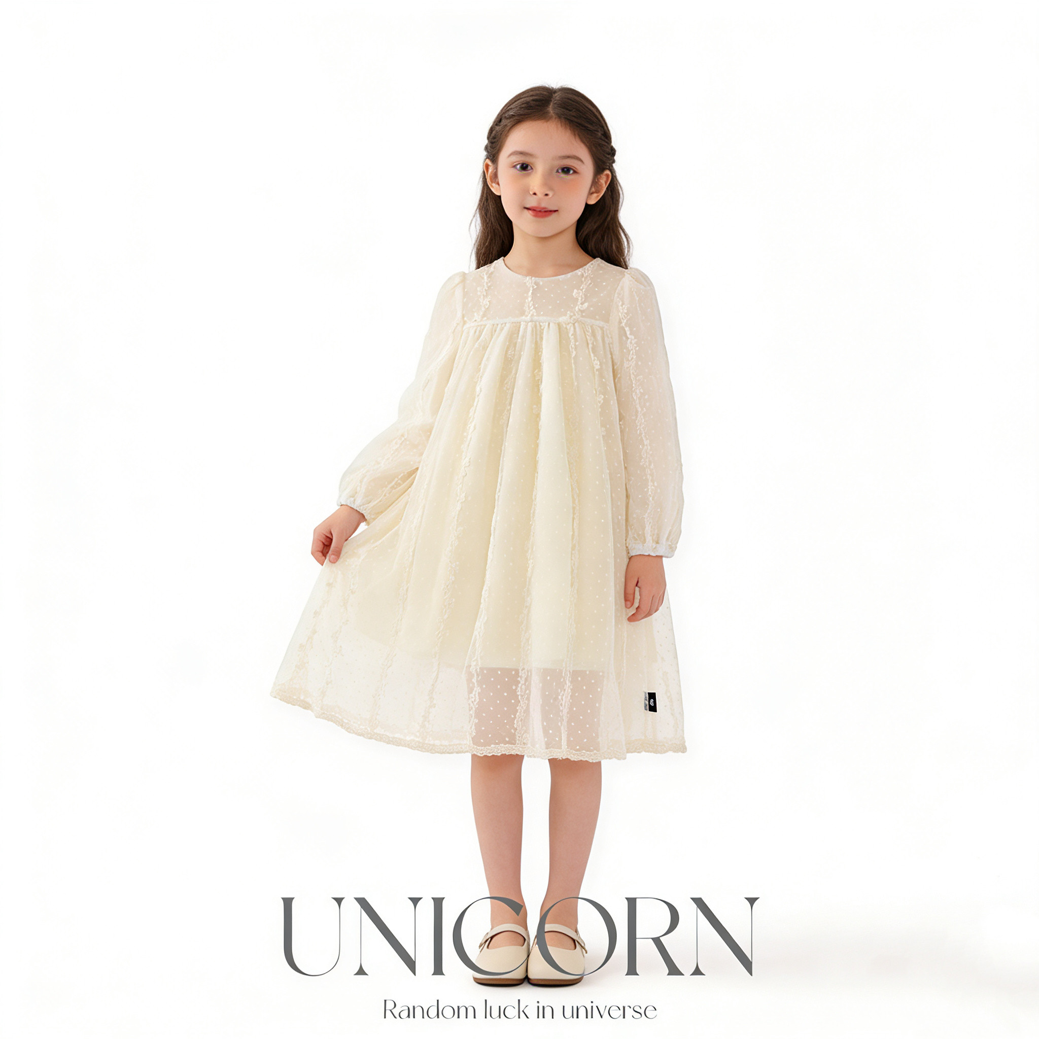 UNICORN女童26年春季新款韩版网纱连衣裙生日礼服花边蕾丝公主裙
