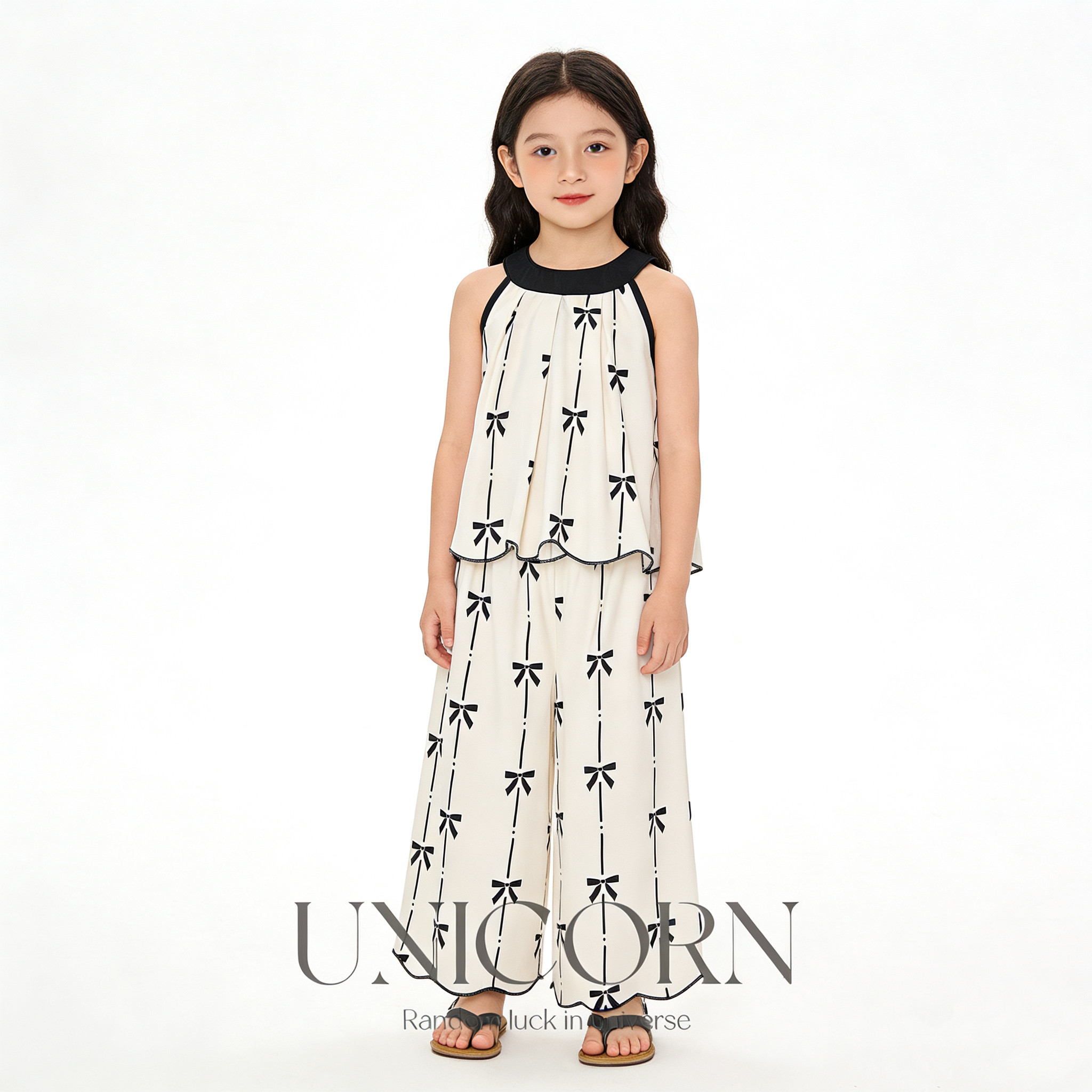 UNICORN女童夏季新款纯棉蝴蝶结吊带韩版直筒阔腿裤儿童休闲套装