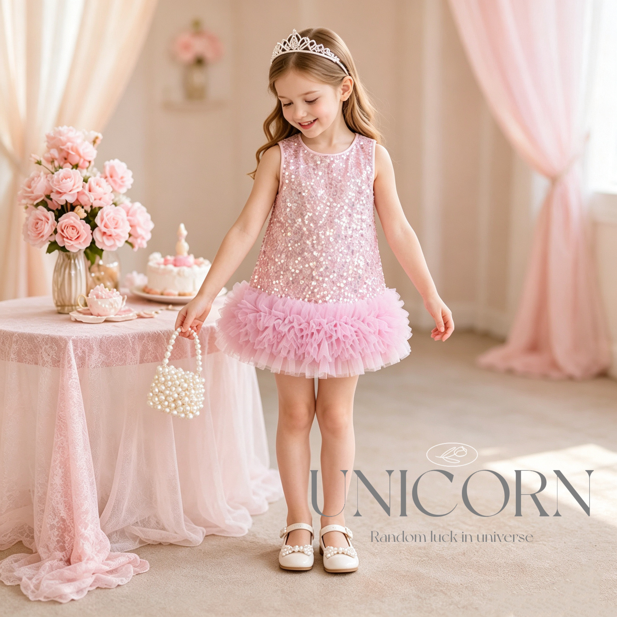 UNICORN女童26新款亮片背心裙高级生日宴会礼服公主裙无袖连衣裙