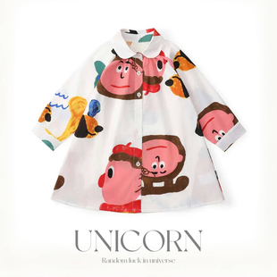 UNICORN女童25春新款纯棉油画印花翻领衬衫裙可爱韩版长袖连衣裙