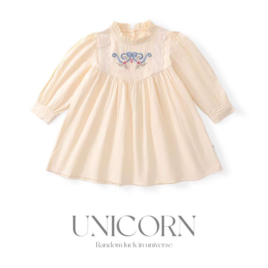 UNICORN法式韩版女童连衣裙纯棉春秋装新款蝴蝶结刺绣花边长袖裙