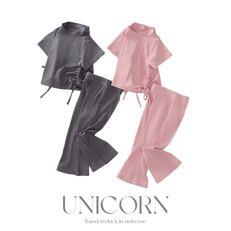 UNICORN女童25年夏季新款韩版弹力抽绳短袖喇叭裤套装休闲两件套