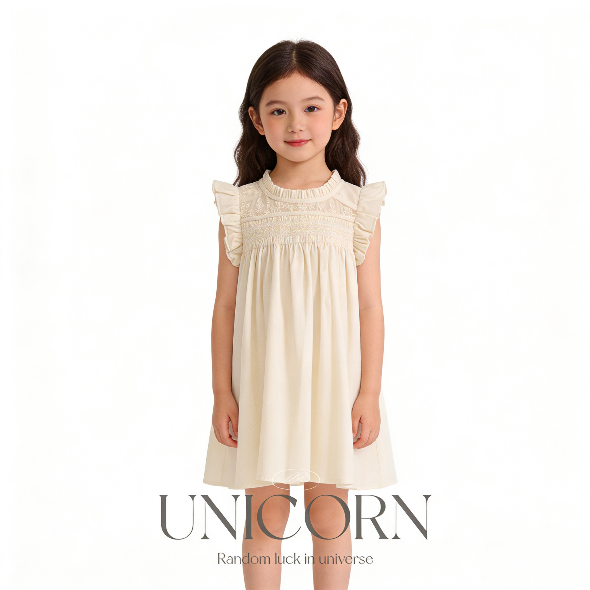 UNICORN女童26年夏季新款蕾丝花边小飞袖公主裙米白色韩版连衣裙