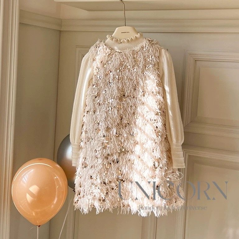 UNICORN女童秋冬新款羽毛亮片小香风背心裙周岁礼服裙公主连衣裙