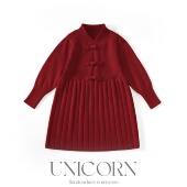 洋气红色针织连衣裙女宝新中式 UNICORN女童25秋冬新款 韩版 公主裙