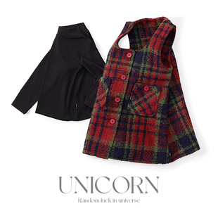 UNICORN女童背心连衣裙秋冬新款中小童圣诞洋气小香风格子毛呢裙