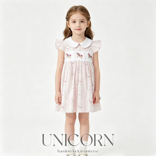 UNICORN女童26夏新款韩版小马刺绣连衣裙女宝小飞袖公主裙甜美风