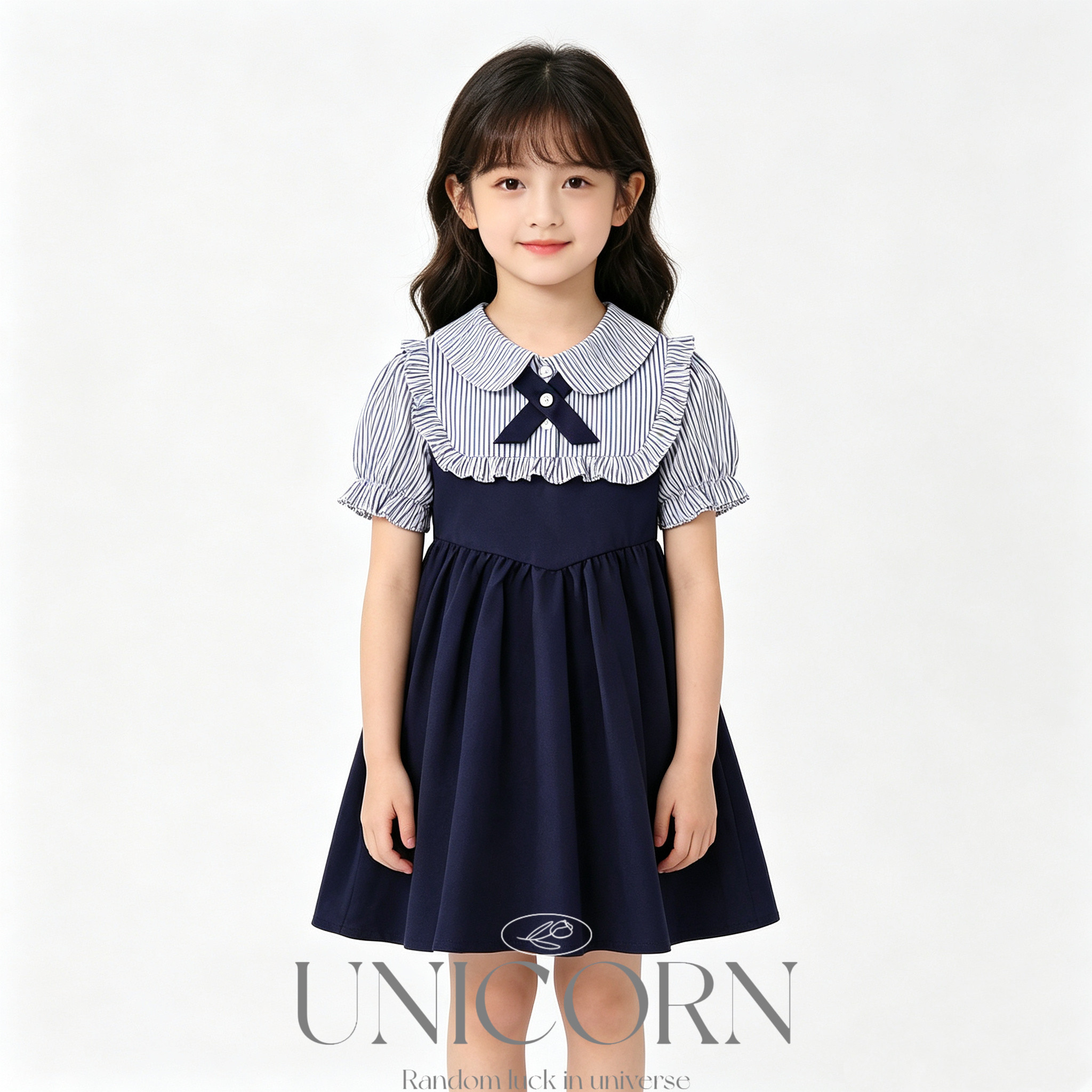 UNICORN女童26夏新款韩版学院风假两件连衣裙女宝蝴蝶结条纹裙子