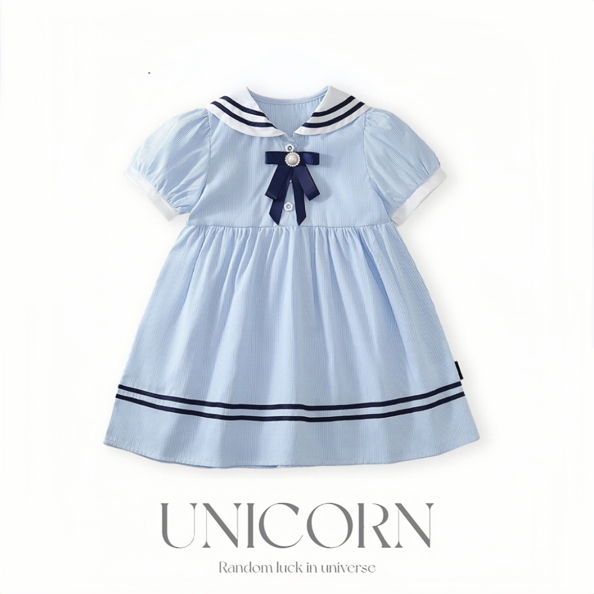UNICORN女童26夏季新款海军领条纹短袖连衣裙女宝学院风童装裙子
