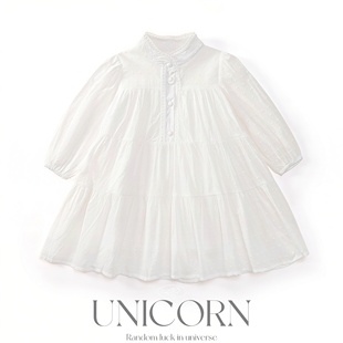 UNICORN女童26春新款韩版森系提花白色长袖连衣裙女宝公主娃娃裙