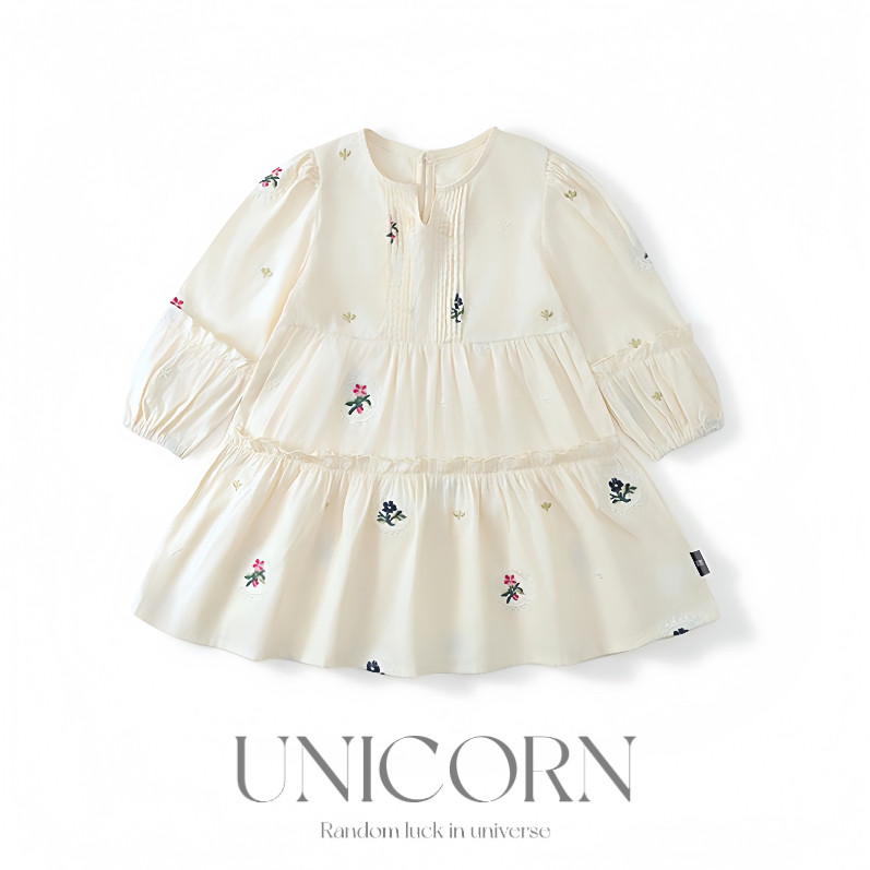 UNICORN女童春秋长袖纯棉刺绣连衣裙2026新款女宝韩版森系公主裙