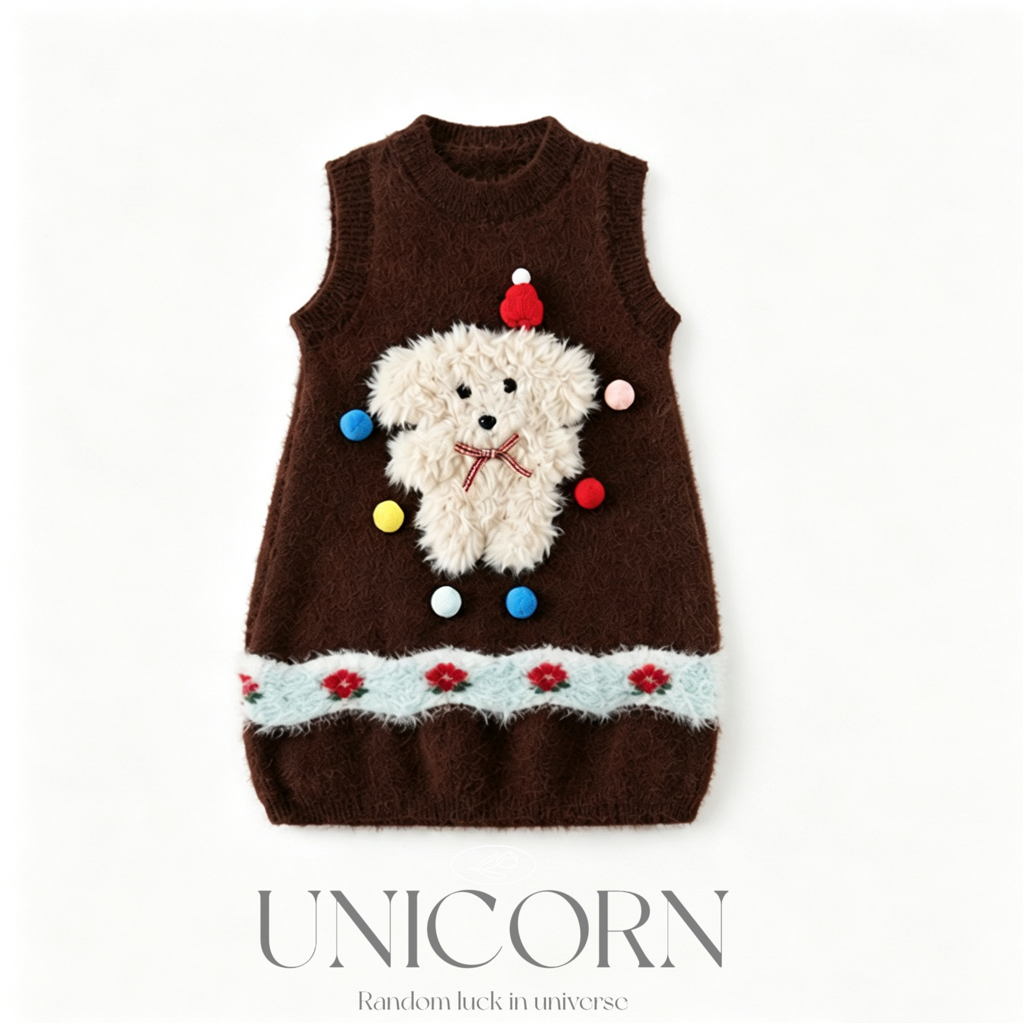 UNICORN女童仿水貂毛背心裙秋冬新款可爱趣味小狗针织女宝连衣裙