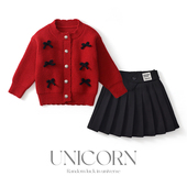 UNICORN女童秋冬款 蝴蝶结红色圆领毛衣针织女宝开衫 百褶裙两件套