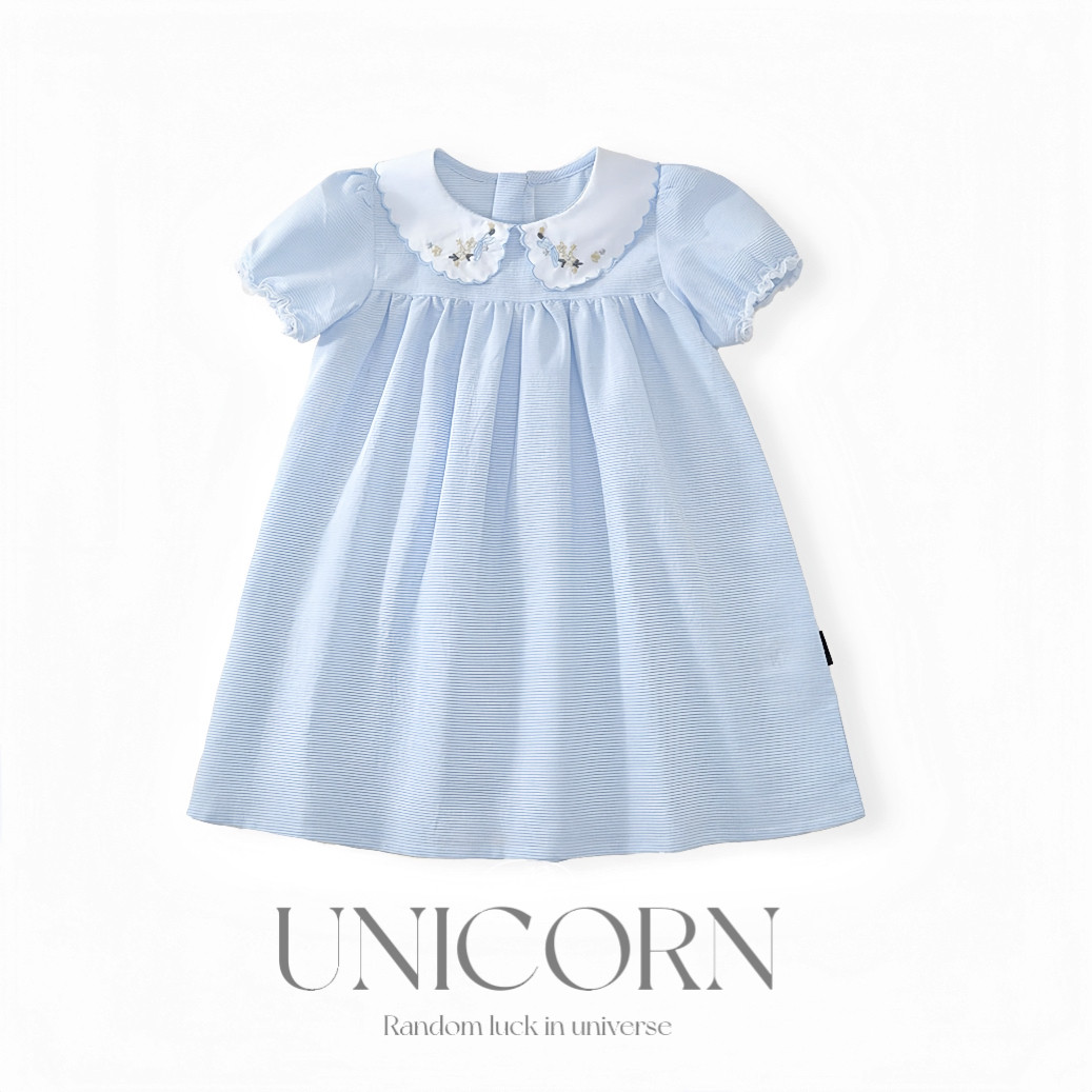UNICORN女童26夏季新款韩版条纹蓝色短袖连衣裙女宝娃娃领公主裙
