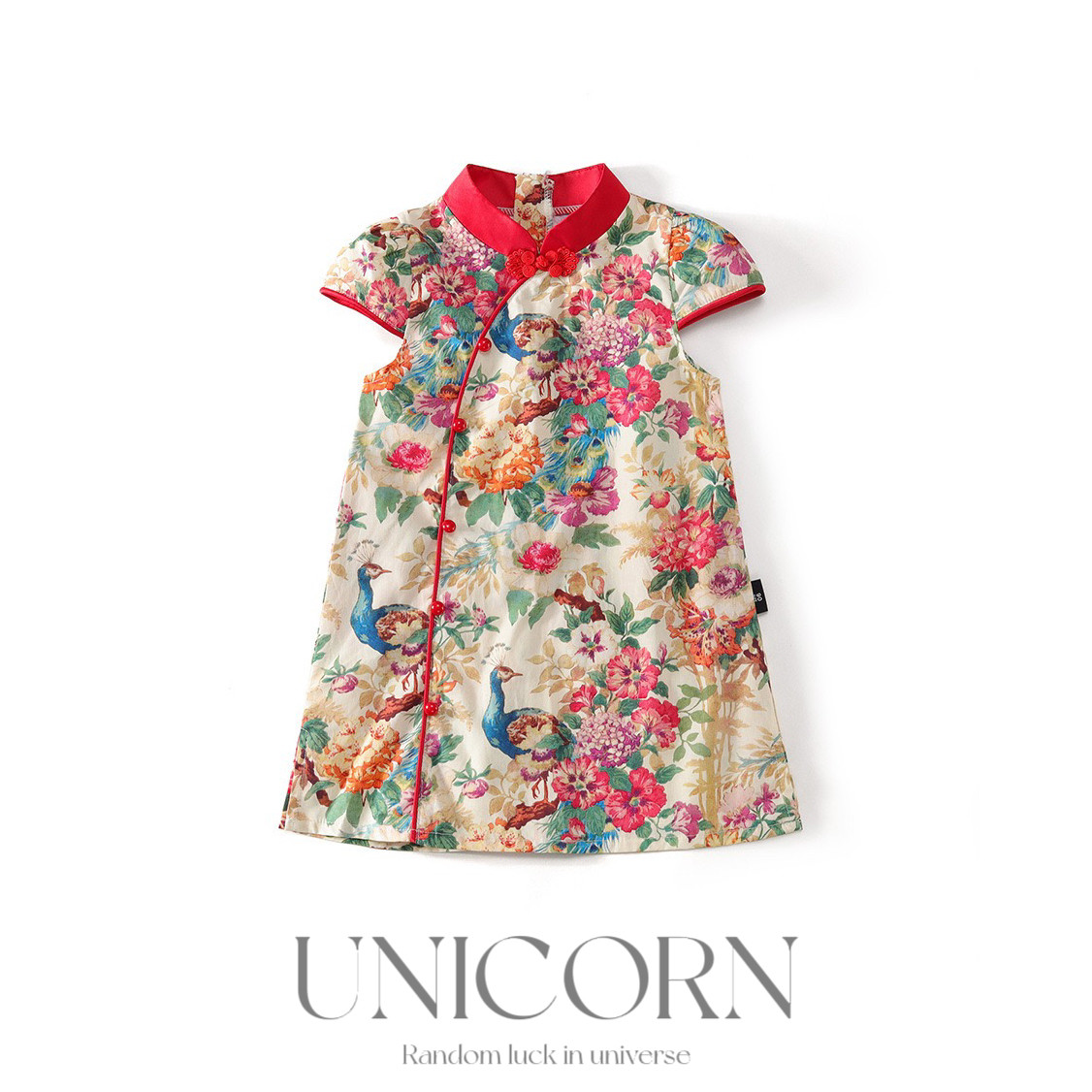 UNICORN女童26年夏新款中式国风旗袍女宝复古红色周岁礼服连衣裙