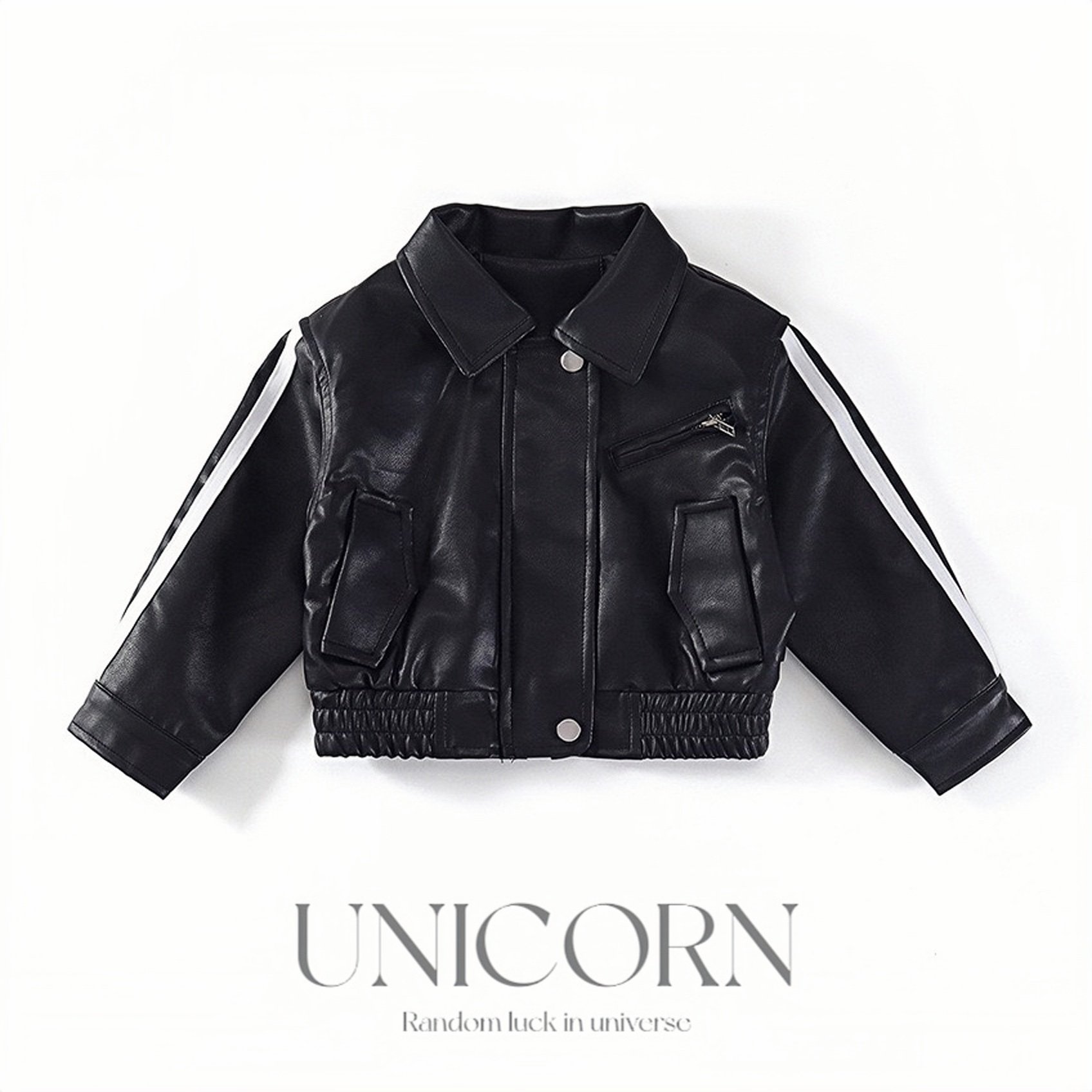 UNICORN女童26年春秋新款韩版黑色皮衣外套女宝翻领帅气夹克上衣