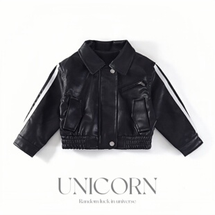 UNICORN女童26年春秋新款韩版黑色皮衣外套女宝翻领帅气夹克上衣