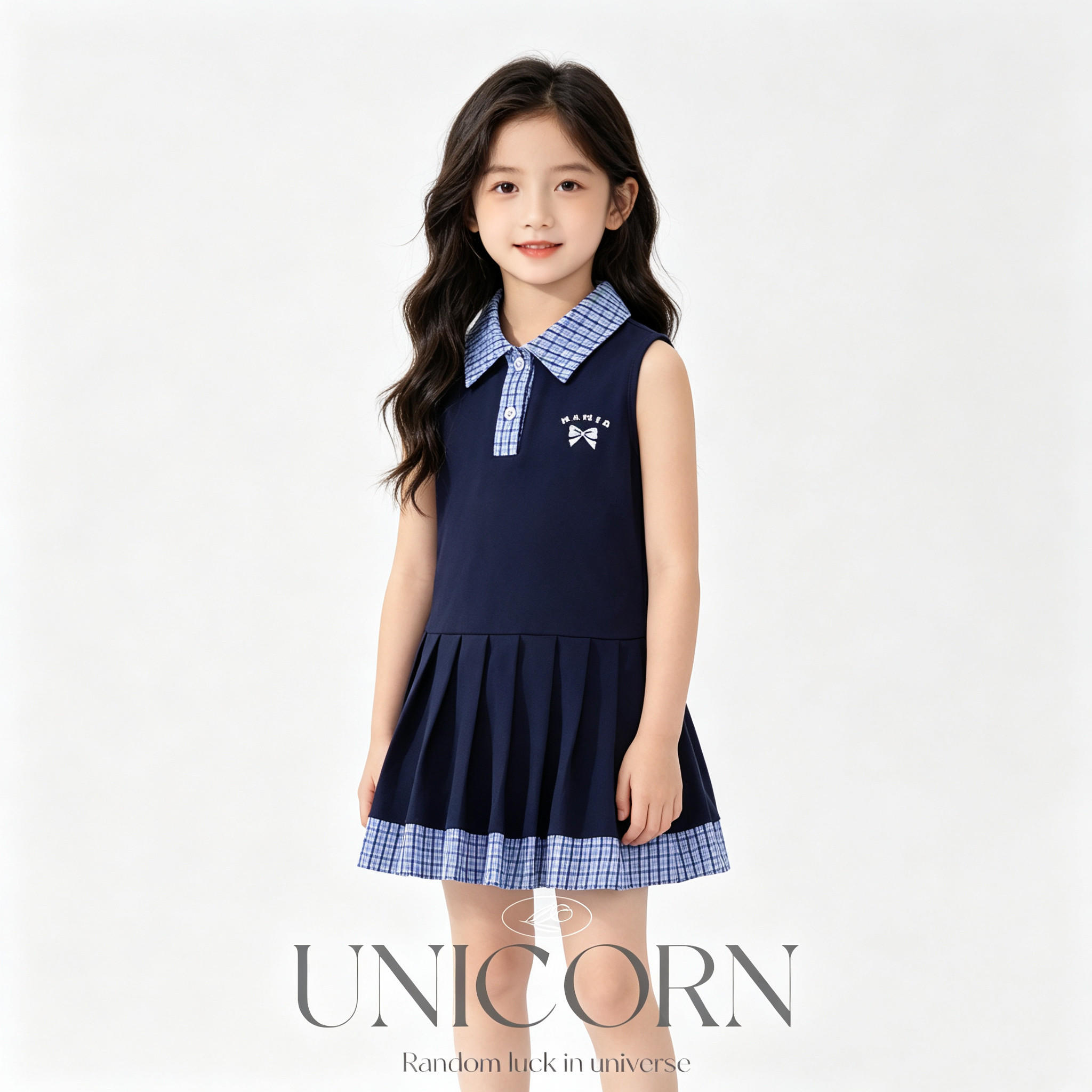 UNICORN女童26夏季韩版学院风裙子背心裙女宝无袖Polo领格纹拼接