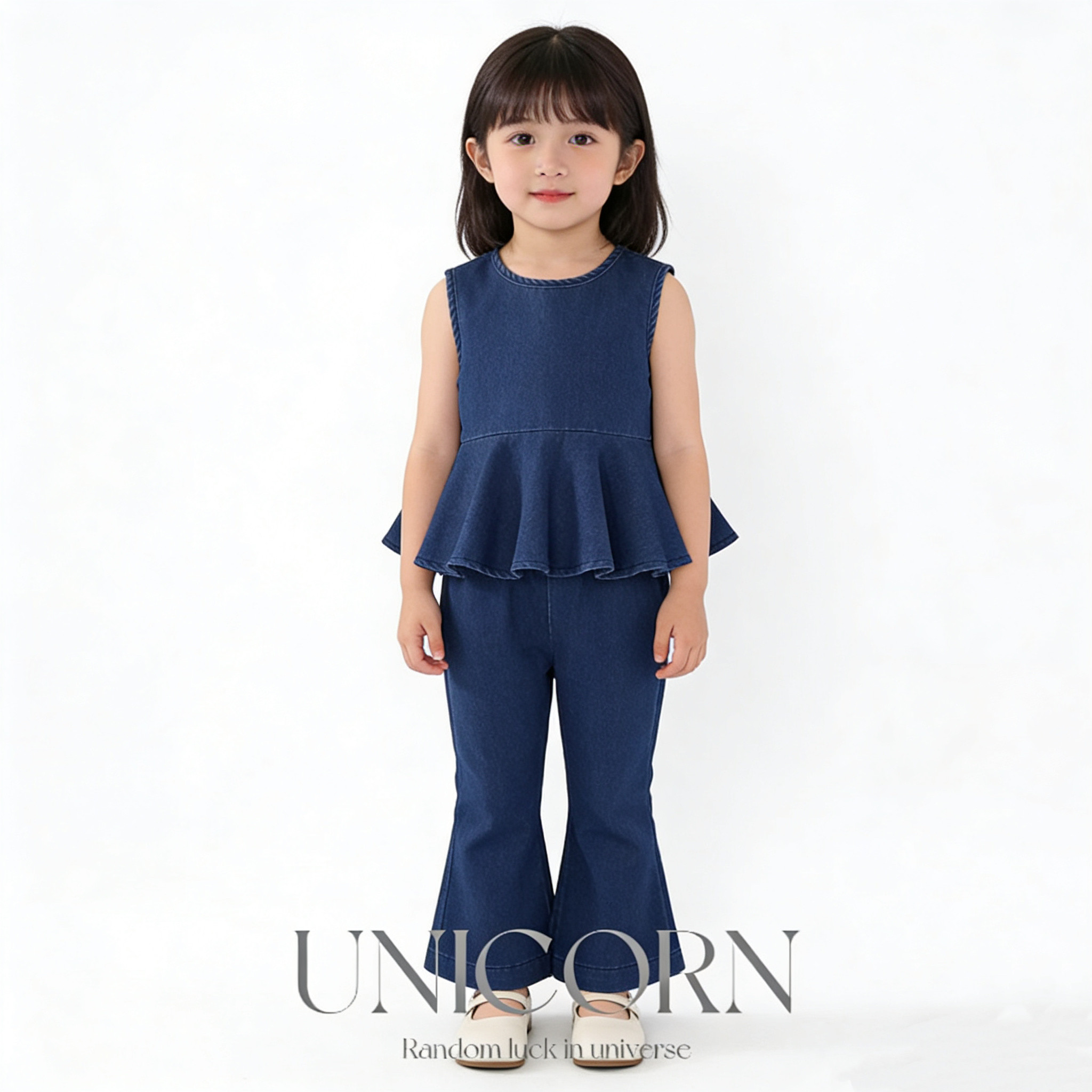 UNICORN女童夏季新款牛仔背心微喇裤清凉套装女宝洋气韩版两件套