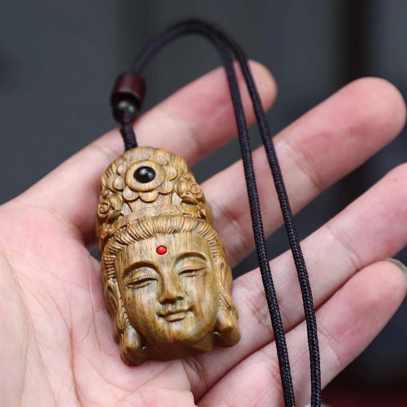 速发绿檀木项南海观音菩萨头像毛衣链佛牌挂件吊坠雕链平身符保护