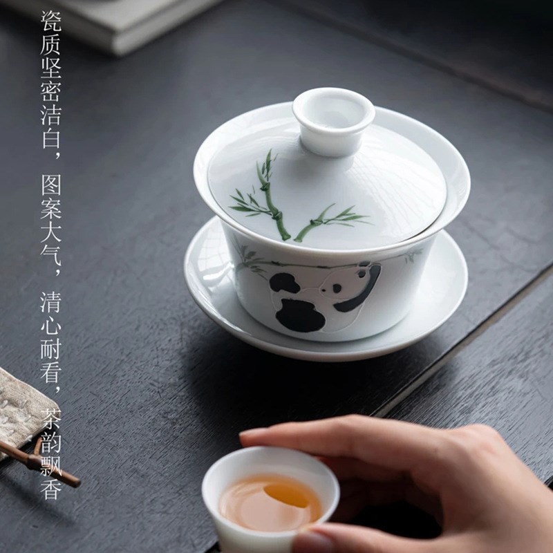 速发陶瓷手绘熊猫盖碗茶杯白瓷茶碗带盖三才单个大号功夫用家茶具