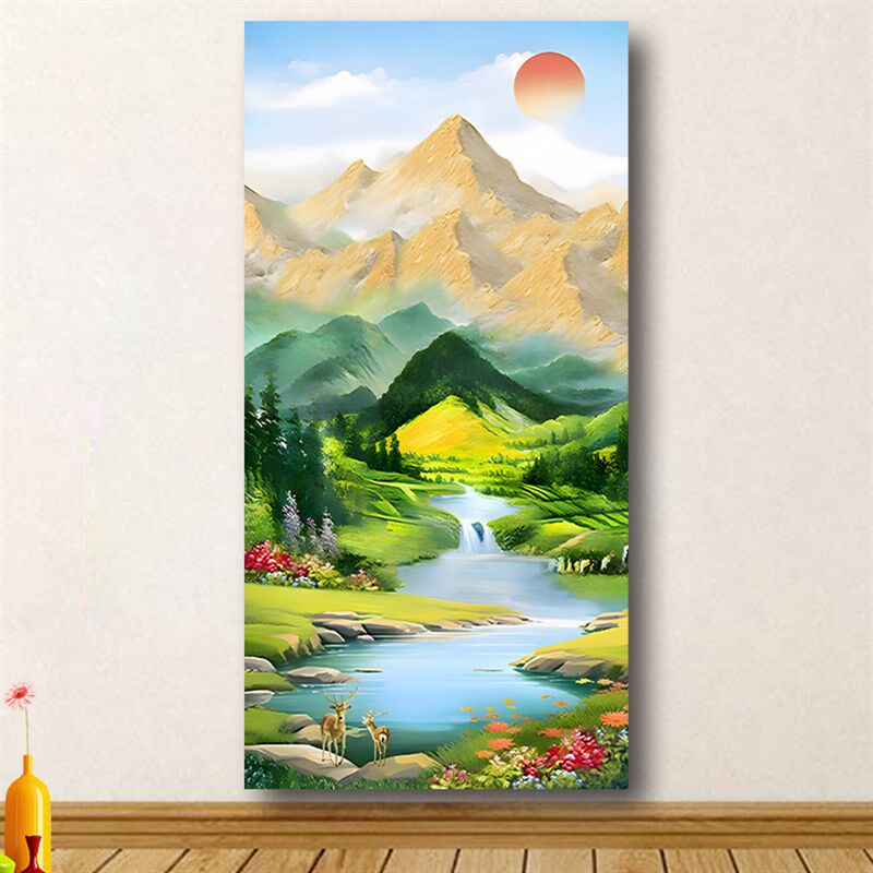 速发聚宝盆入户玄关装饰画风水金山靠山图墙贴画油画山水富景自粘