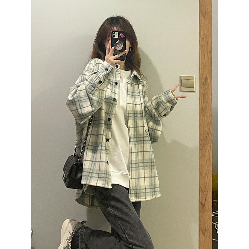 速发大码胖妹妹格子衣外套女春秋冬新款宽松长袖上衣叠穿衬衣