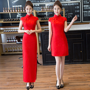 速发礼仪小姐服装迎秀旗袍中国红红色颁奖外嫁2娘家20回5走宾演出