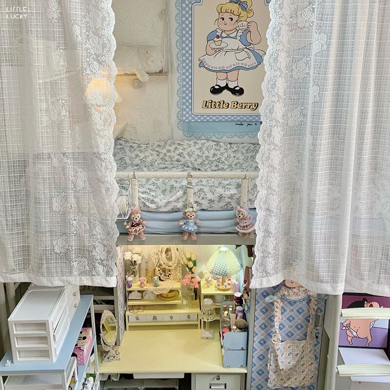 速发可批学生宿舍床帘法式轻奢白色蕾厅格子窗纱帘公主风卧室客丝