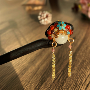 原创古风刀马旦脸谱檀木发簪仙气小众新中式汉服发饰盘发流苏簪子