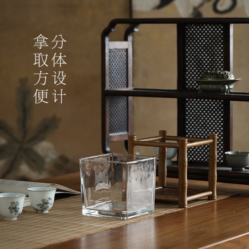 手工竹编玻璃花器 茶室花瓶摆H件 中式桌面小花架 小鱼缸