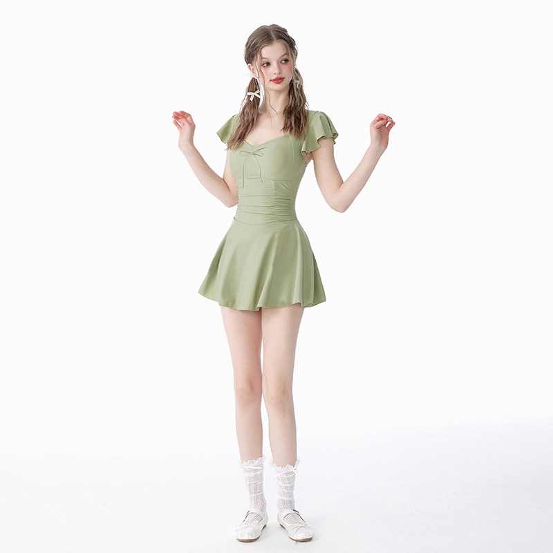 速发 面猫假2024温款连体保守裙式绿学生高级感新泉泳装