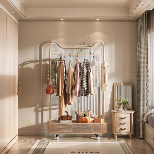 速发奶油风衣架落地脏衣篓挂衣架卧室房用衣帽架家间法式衣服收纳
