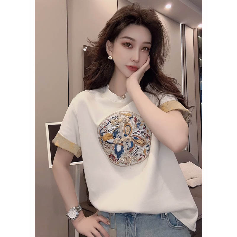 速发新中式装国风白色2扣刺绣t恤小众不撞款上新20盘5早春衣款