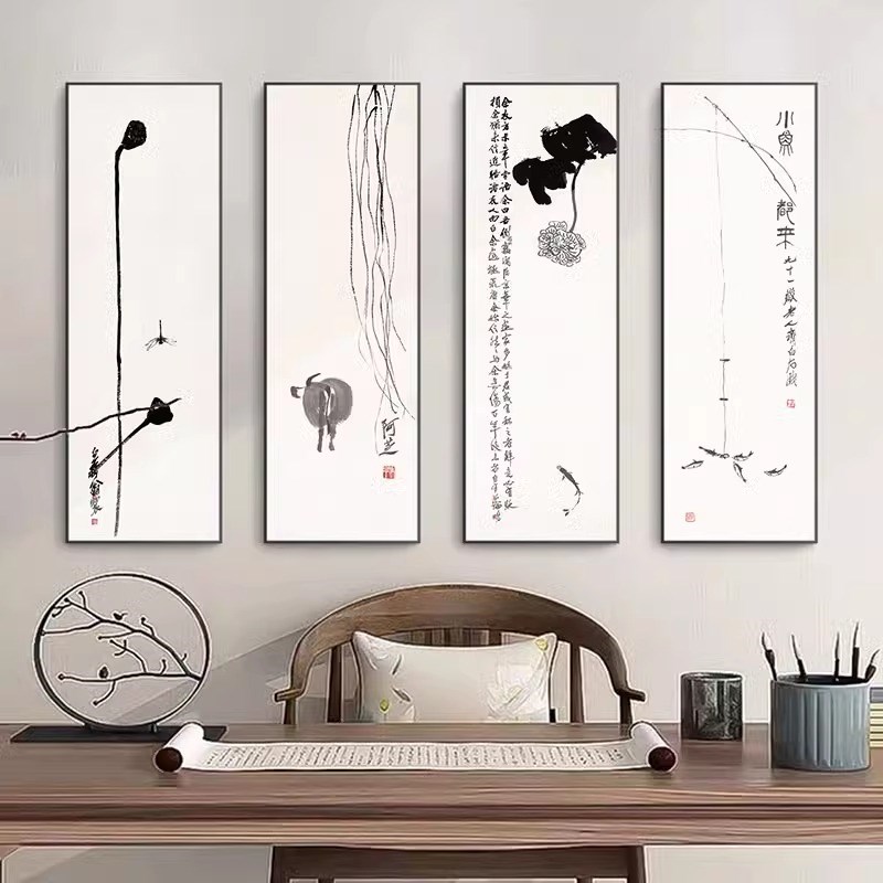 中国风新中式装饰画客厅沙发背景墙挂画茶室书房轻奢四联禅意壁画