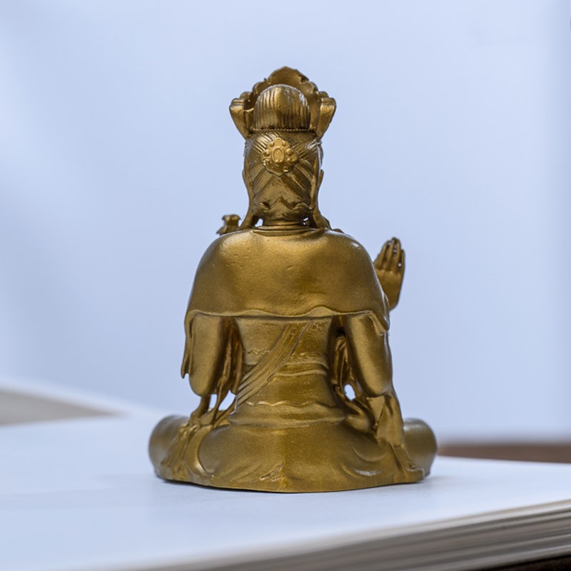 天冠弥勒菩萨佛像体摆件家用小巧茶宠纯黄铜像随身佛茶空间装饰品