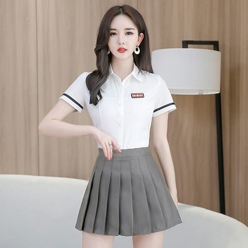 2021新款KTV足疗足浴技师工作服女夏气质衬衫百褶裙酒店前台套装