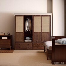 全实木衣柜新中式黑胡桃木藤编推拉门大衣橱移门收纳柜卧室储物柜