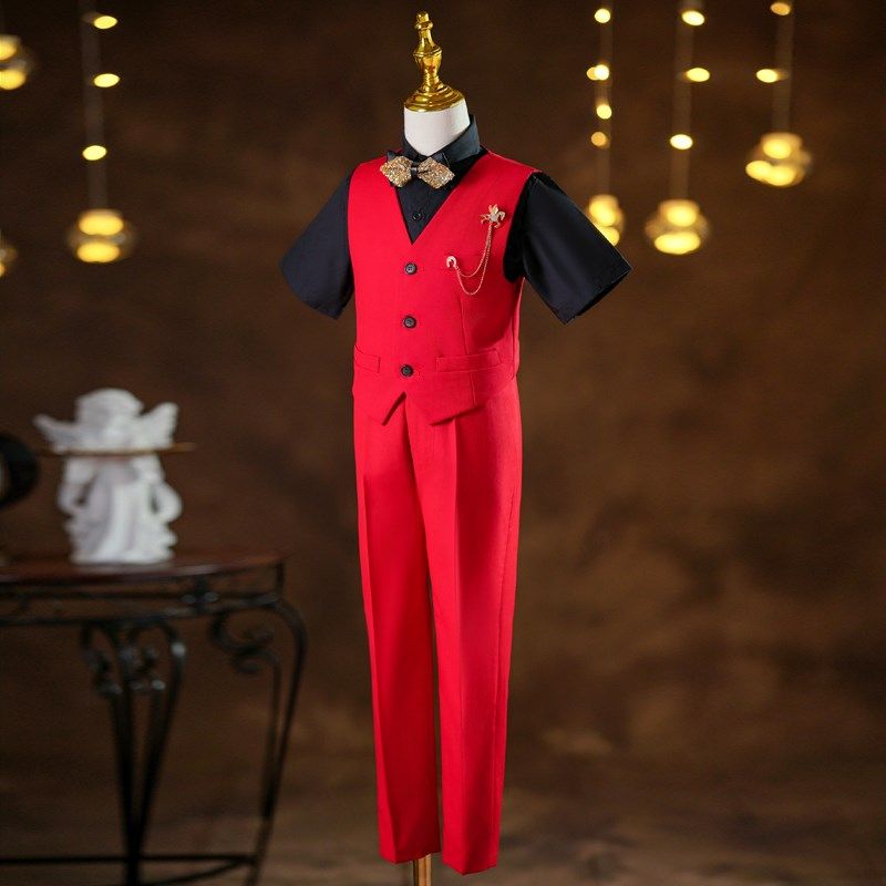 男童礼服高端夏季短袖红色朗诵合唱演讲表演儿童主持人钢琴演出服