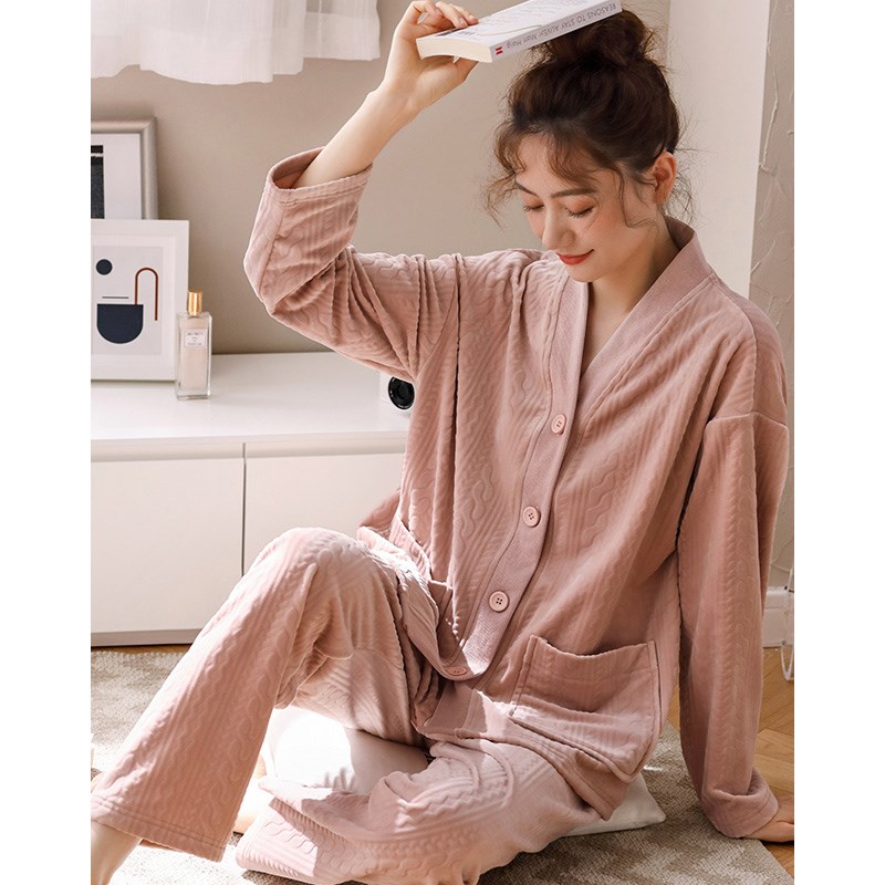海岛绒睡衣女秋冬季加厚加绒2024新款高级感无领冬天珊瑚绒家居服