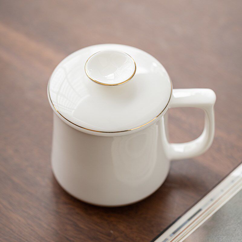 天雨粟 羊脂玉瓷陶瓷马克杯办公杯水杯茶杯德化白瓷个人专用带盖